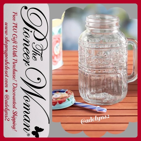 🌺 New Pioneer Woman Delaney Cassie Glass Mason Jar Tumbler with Lid & Straw - Picture 1 of 8